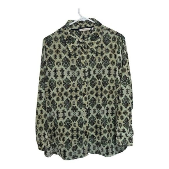 Soft Surroundings Womens Long Sleeve Bow Tie Blouse PL Green Black Retro - Picture 1 of 5